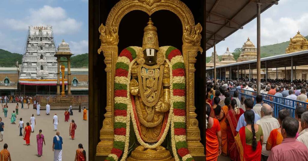 Tirumala Venkateswara Temple Devotees walking toward the golden gopuram of Tirumala Venkateswara Temple in Tirupati, Andhra Pradesh, surrounded by hills under a clear sky.