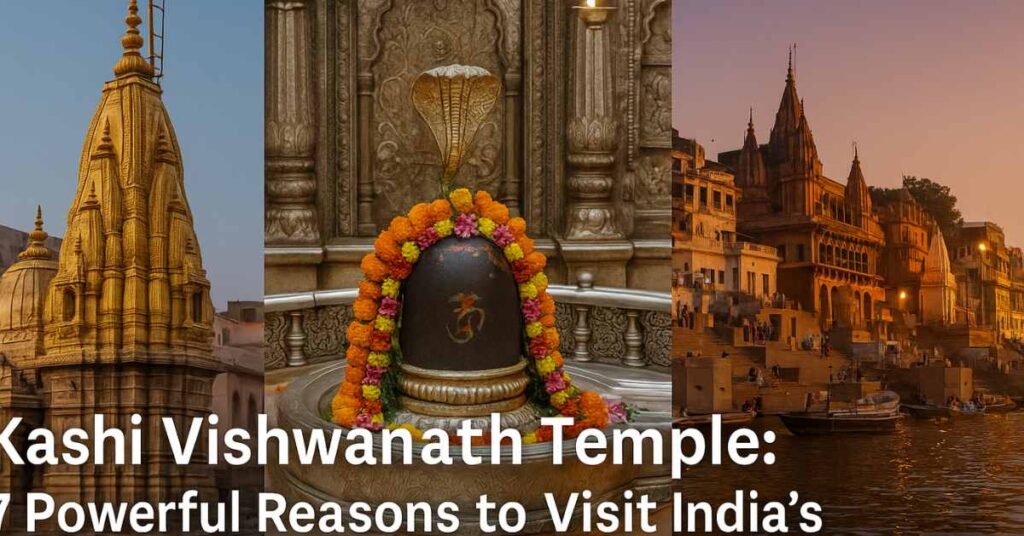 Kashi Vishwanath Temple golden spire with Jyotirlinga and Ganga Ghats at sunset, representing sacred Hindu pilgrimage site in Varanasi India.