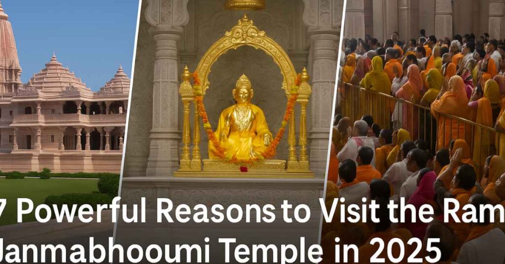 "Ram Janmabhoomi Temple in Ayodhya – Lord Rama idol, temple architecture, and devotees in prayer"