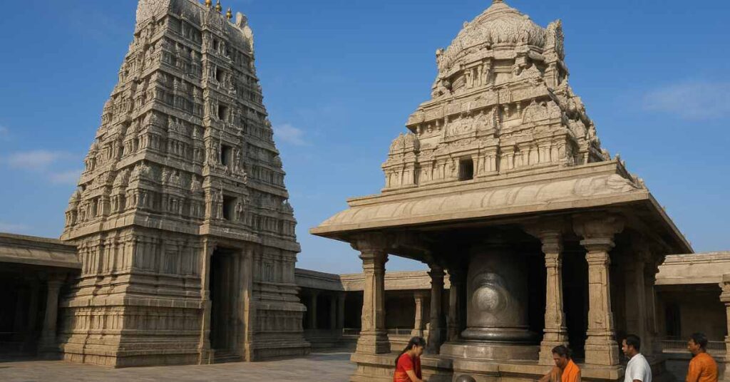 “Srikalahasti Temple with towering gopuram and devotees performing pooja before the sacred Vayu Lingam”