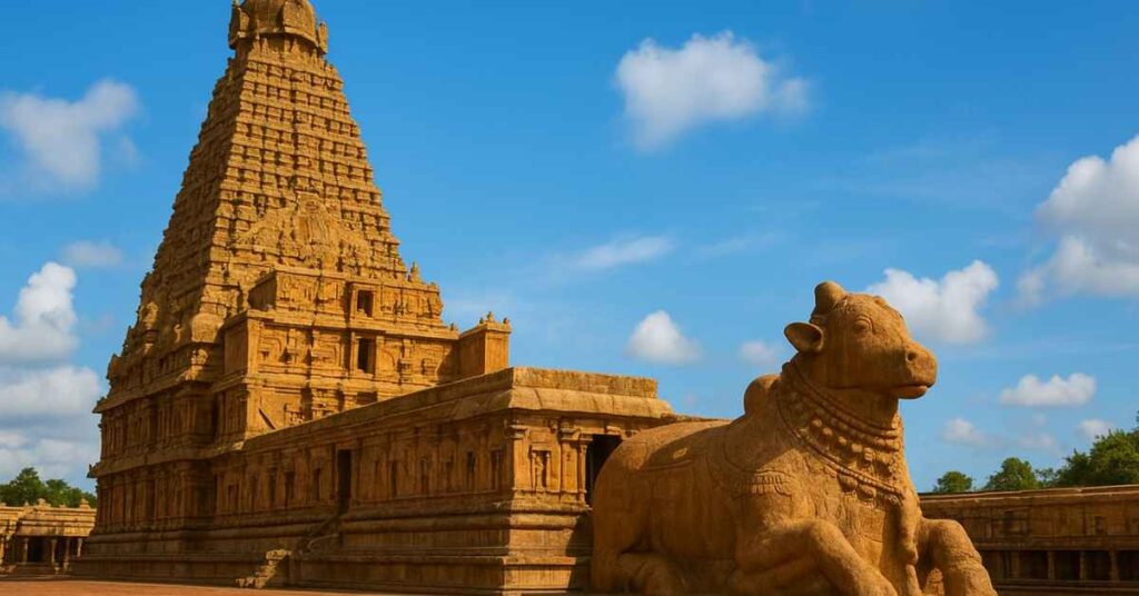 Brihadeeswara Temple Thanjavur with Nandi statue under blue sky — Chola dynasty Dravidian architecture