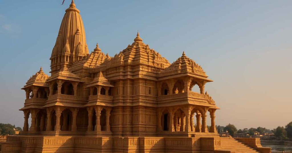 Ram Janmabhoomi Temple in Ayodhya illuminated by golden sunlight, showcasing detailed sandstone carvings and sacred Hindu architecture.