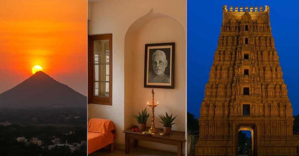Tiruvannamalai Arunachala Arunachala Hill sunrise with Arunachalesvara Temple gopuram and Ramana Maharshi Ashram in Tiruvannamalai Tamil Nadu