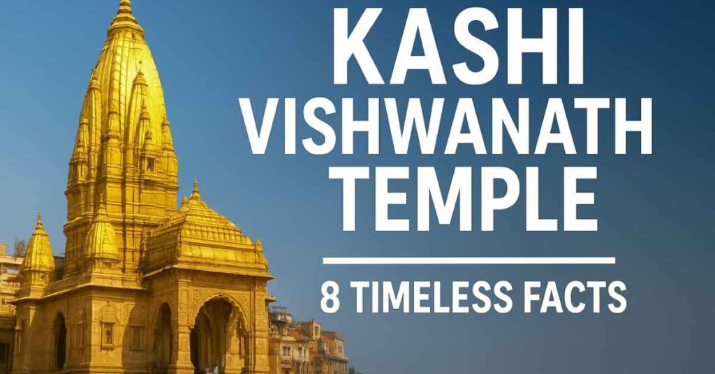 Golden spire of Kashi Vishwanath Temple in Varanasi with clear blue sky and Ganga ghats, highlighting Lord Shiva’s sacred Jyotirlinga shrine.