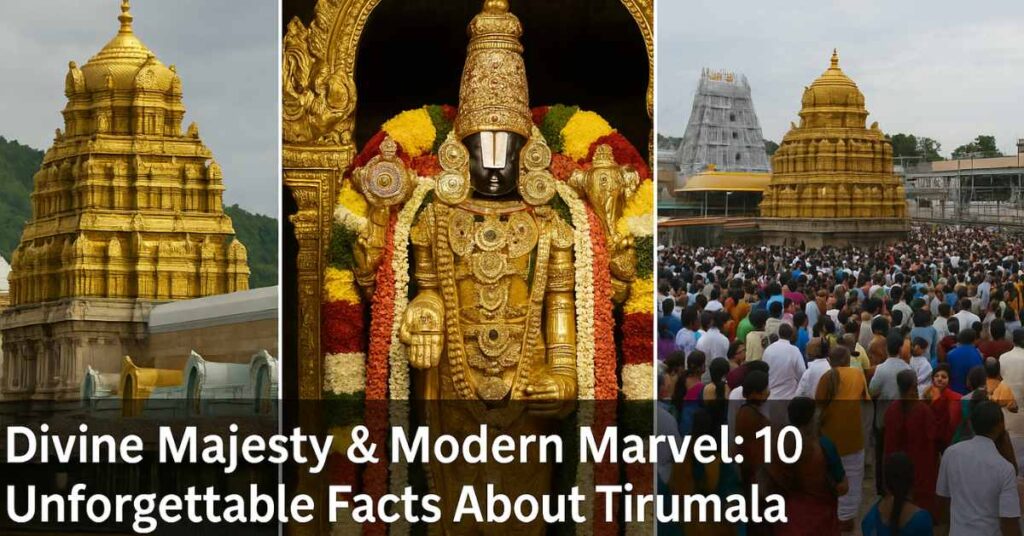 Tirumala Venkateswara Temple Tirumala Venkateswara Temple with gold gopuram, deity Lord Venkateswara idol, and devotees gathered for darshan at Tirupati.