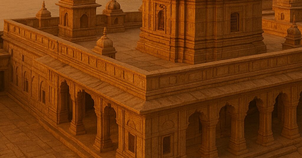 Kashi Vishwanath Dham Golden shikhara of Kashi Vishwanath Temple in Varanasi during sunset, symbolizing the spiritual and architectural revival of the ancient Shiva shrine.