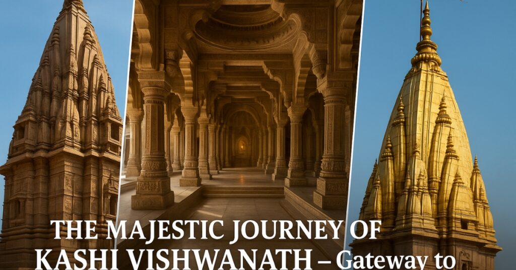 Kashi Vishwanath Temple Varanasi — Golden spire, inner corridor, and ancient stone carvings representing the path to moksha.