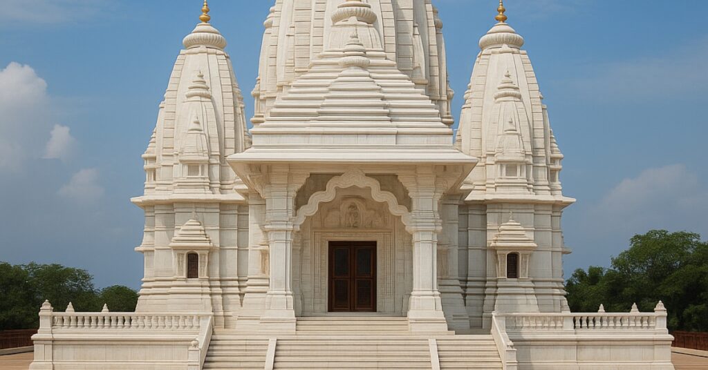 White marble Birla Radha Krishna Mandir in Goa with five Nagara-style shikharas under a bright blue sky.