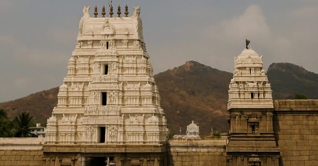 Srikalahasti Temple in Andhra Pradesh with white gopuram and scenic hills — Rediscovering the Rising Spiritual Hub of South India