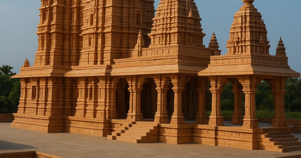 Jagannath Dham Digha Temple with sandstone shikhara and intricate carvings under blue sky in West Bengal, India.