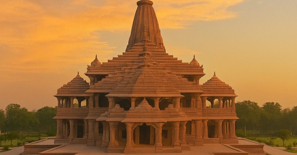Ayodhya Shri Ram Mandir Shri Ram Mandir in Ayodhya at sunset, showcasing Nagara architecture and spiritual heritage of India.