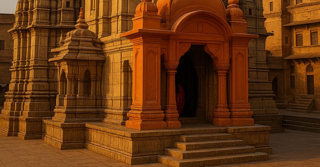 Golden spire of Kashi Vishwanath Temple in Varanasi illuminated at sunset, showcasing Hindu temple architecture and spiritual heritage of India.