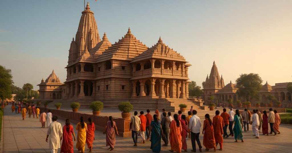 Ayodhya spiritual capital Devotees visiting the grand Ram Mandir in Ayodhya during sunset, India’s new spiritual hub.