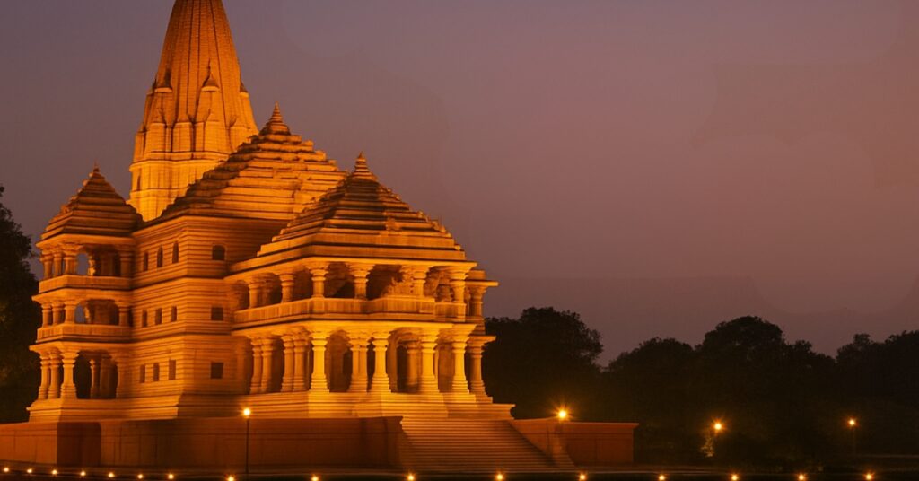 Ayodhya Ram Mandir Ayodhya Ram Mandir illuminated at twilight for its grand opening on November 25, 2025