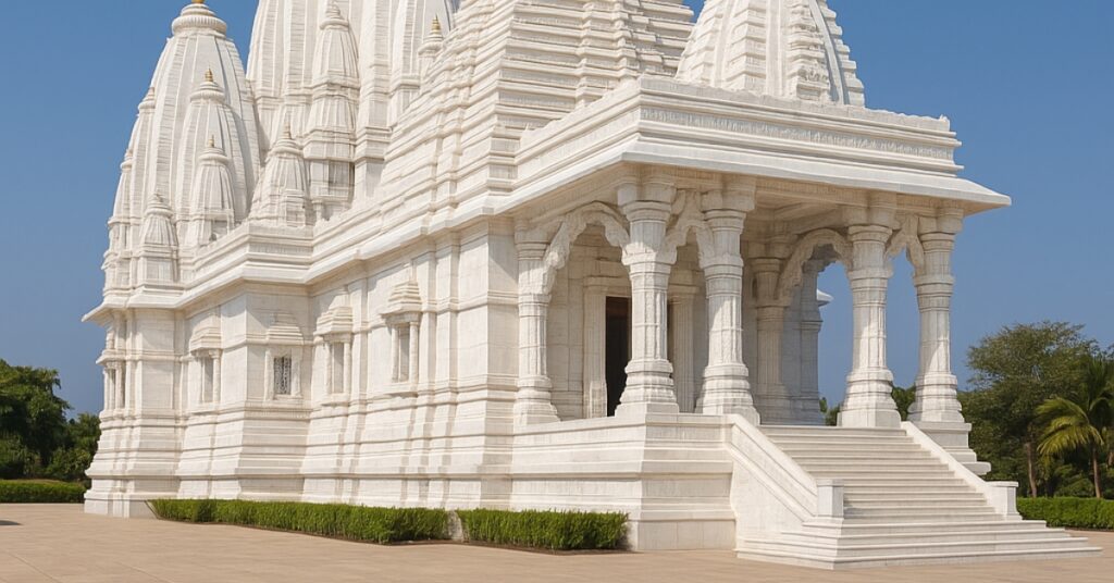 Birla Radha Krishna Mandir White marble Birla Radha Krishna Temple in Goa with five Nagara-style spires under blue sky