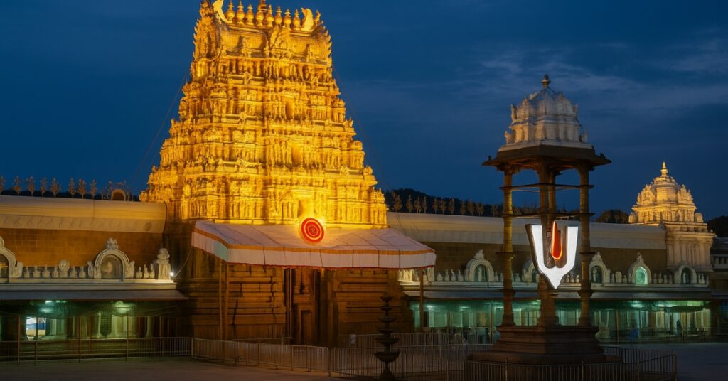 Golden gopuram of Tirumala Venkateswara Temple glowing at dusk, showing intricate carvings and sacred courtyard under serene blue sky in Tirupati, Andhra Pradesh.