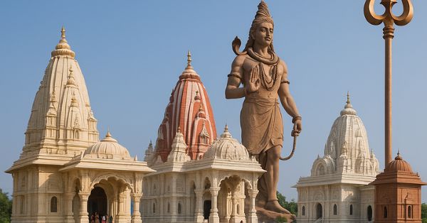 Chaar Dham Vrindavan temple complex featuring Shiva statue and trident under blue sky