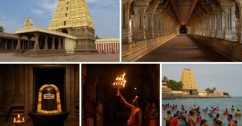 Devotees at Ramanathaswamy Temple Rameswaram performing rituals and aarti inside India’s longest temple corridor dedicated to Lord Shiva.