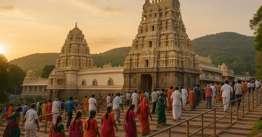 Venkateswara Temple Tirumala Devotees climbing the sacred steps toward the Venkateswara Temple Tirumala during sunrise, surrounded by the lush Seshachalam hills.