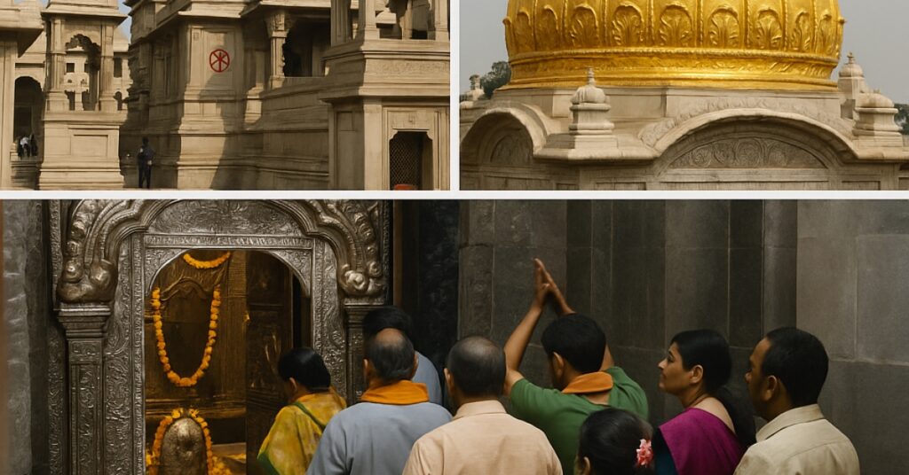 Kashi Vishwanath Temple Devotees offering prayers before the golden dome and sanctum of Kashi Vishwanath Temple in Varanasi, one of India’s twelve sacred Jyotirlingas.