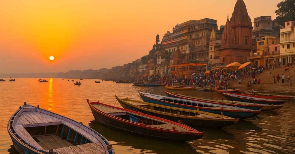 Varanasi pilgrimage “Sunrise over the Ganga River at Dashashwamedh Ghat, Varanasi with colorful boats and Kashi Vishwanath Temple in the background — a sacred Hindu pilgrimage site.”