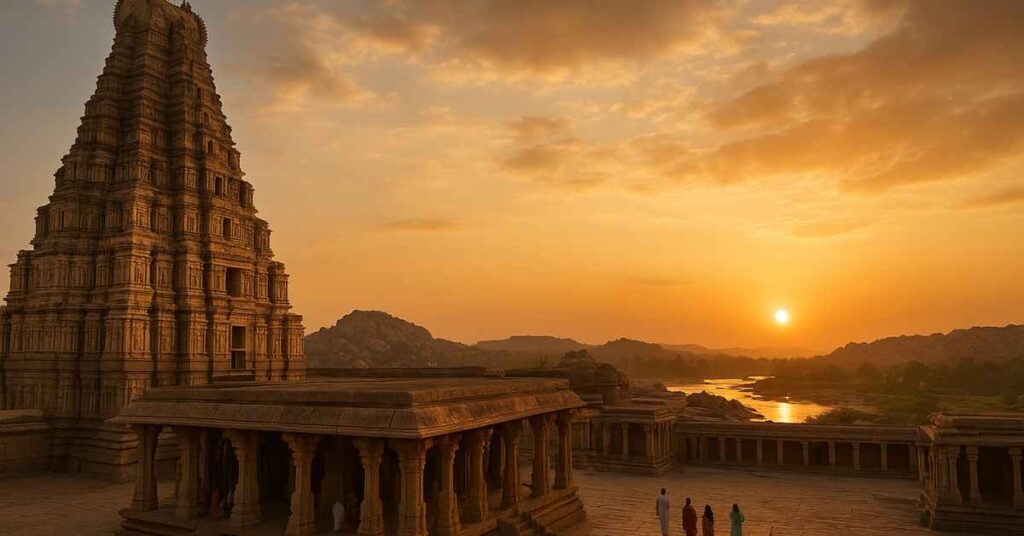 Virupaksha Temple Hampi during sunset — sacred Hindu Shiva temple with golden sky and Tungabhadra River in background.