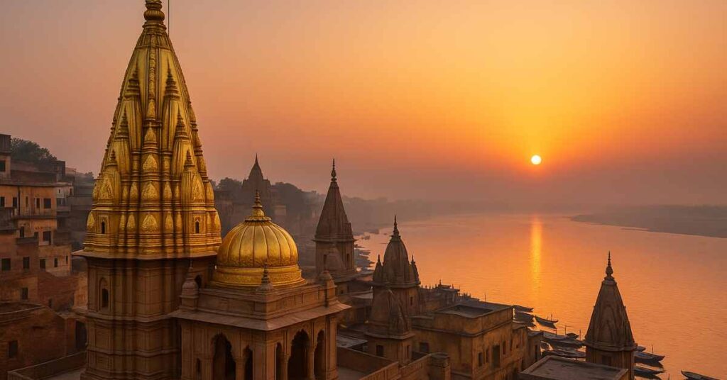 Kashi Vishwanath Temple The golden spire of Kashi Vishwanath Temple overlooking the Ganga River at sunrise in Varanasi, India