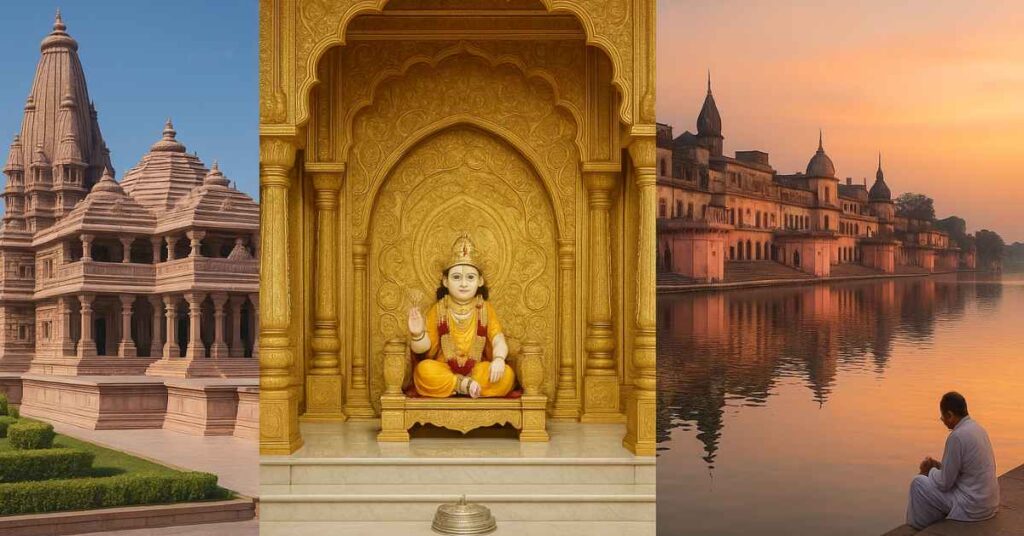 Ram Janmabhoomi Temple Ram Mandir Ayodhya with Ram Lalla idol and Saryu River ghats at sunrise — sacred Hindu pilgrimage site in Uttar Pradesh, India.