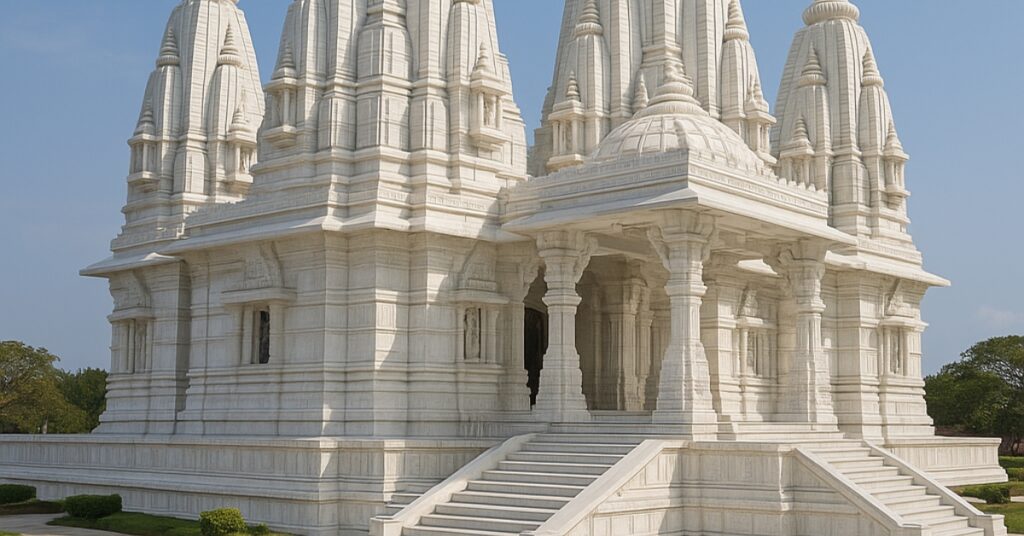 “Birla Radha Krishna Mandir in Goa — white marble Hindu temple with five shikharas under clear blue sky”