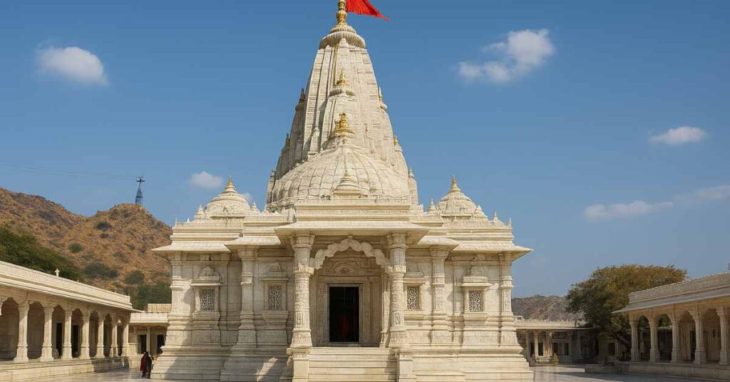 Ambaji Mata Temple White marble Ambaji Mata Temple in Gujarat with golden spire and red flag under blue sky
