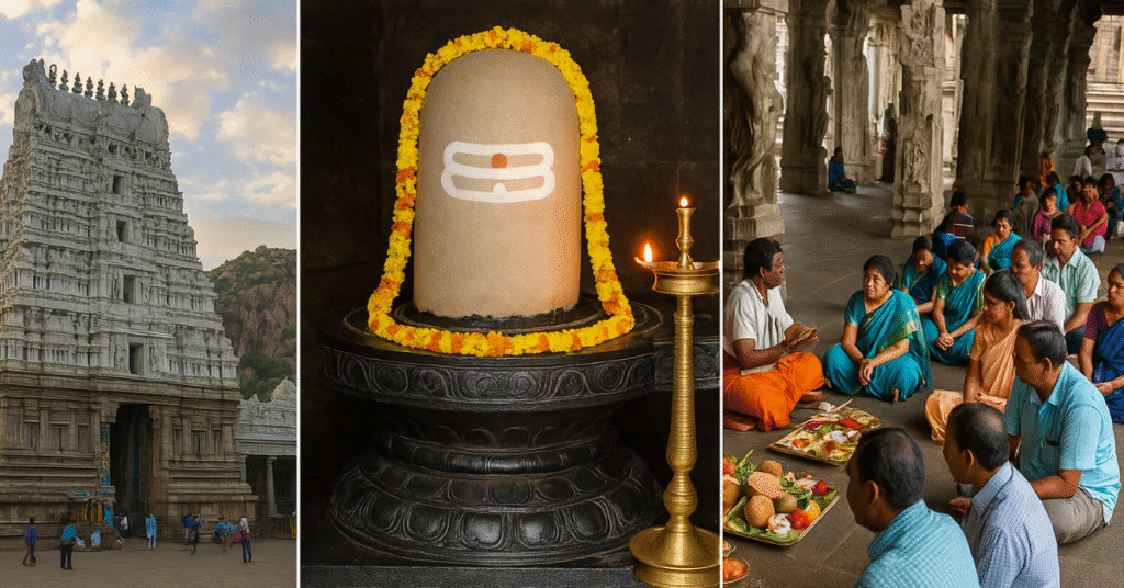 Srikalahasti Temple in Andhra Pradesh showing gopuram, Vayu Lingam, and devotees performing Rahu Ketu Puja inside stone halls