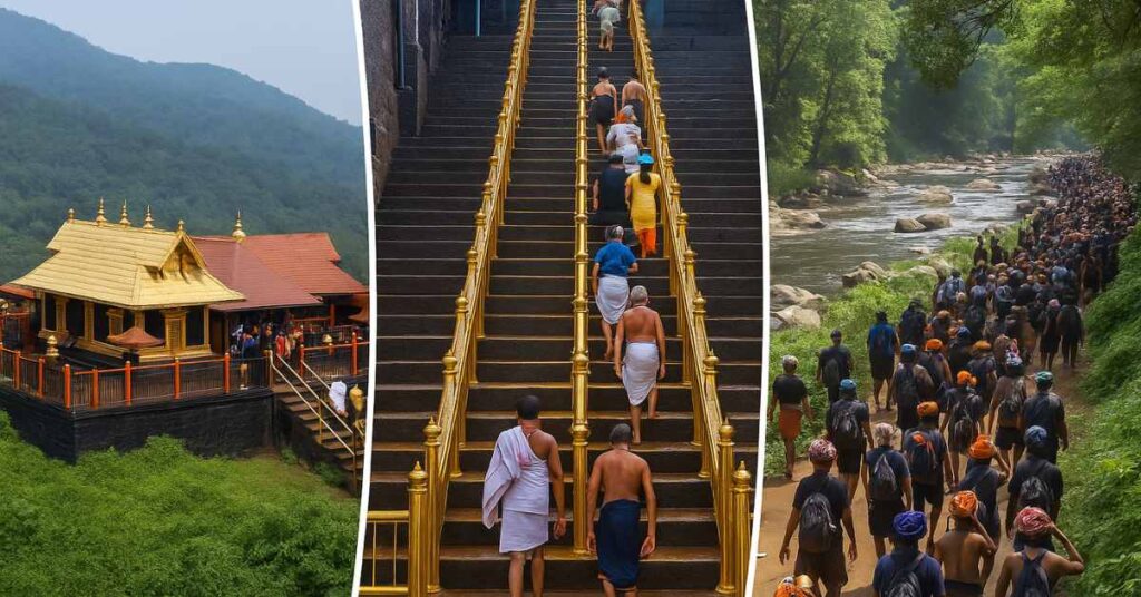 Sabarimala pilgrimage Devotees climbing the sacred 18 steps at Sabarimala Temple in Kerala with golden temple roof and pilgrims walking along the Pamba River