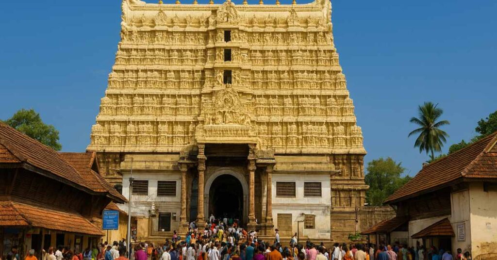 Padmanabhaswamy Temple Devotees entering the Sree Padmanabhaswamy Temple in Thiruvananthapuram, Kerala — golden gopuram, blue sky, and sacred architecture