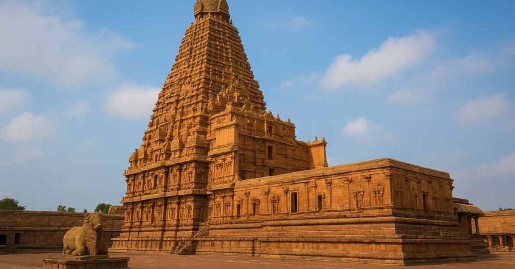 Brihadeeswarar Temple in Thanjavur, Tamil Nadu — ancient Chola architecture dedicated to Lord Shiva, featuring towering vimana and monolithic Nandi.