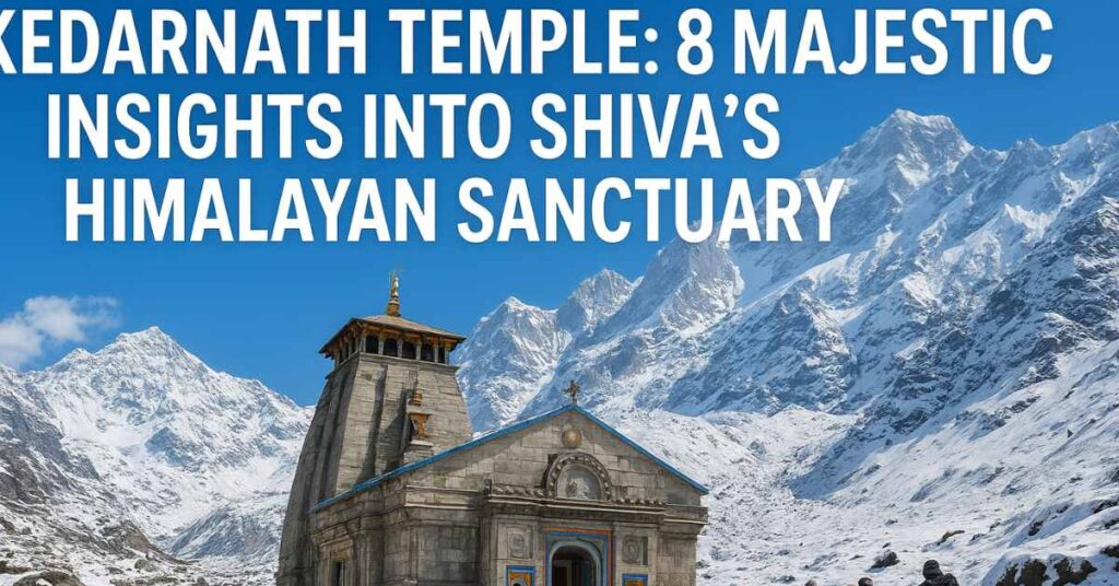 Kedarnath Temple surrounded by snow-covered Himalayan mountains with pilgrims trekking toward the shrine