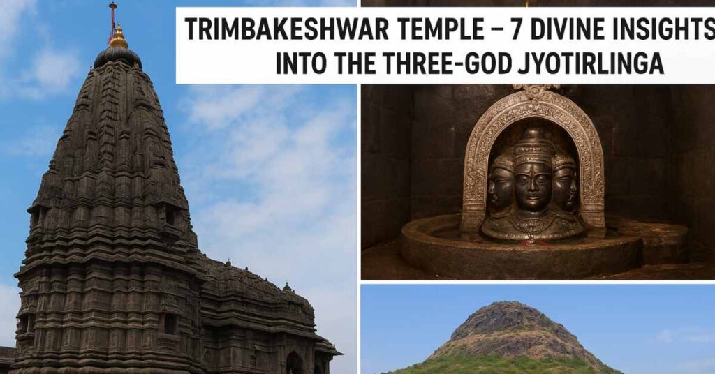 Trimbakeshwar Temple in Nashik showing the ancient black stone structure, the sacred three-faced Jyotirlinga, and the nearby Brahmagiri Hill where the Godavari River originates.