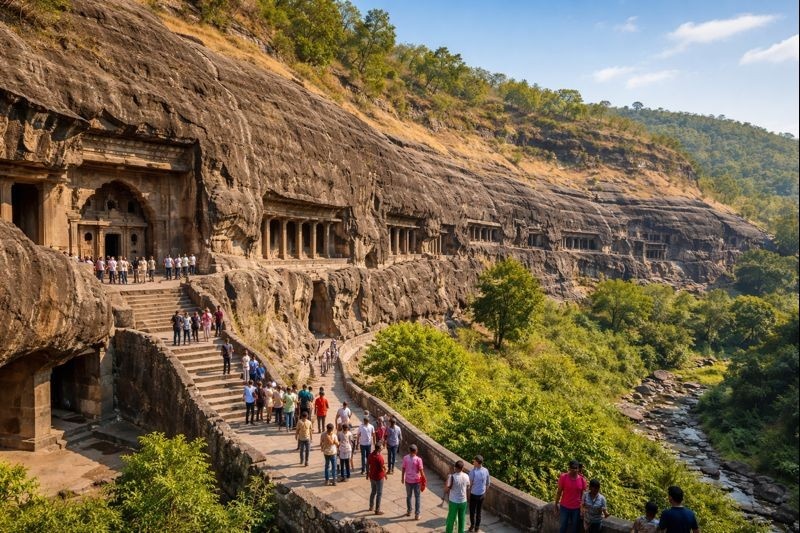 Ajanta Caves Visiting panoramic view with visitors