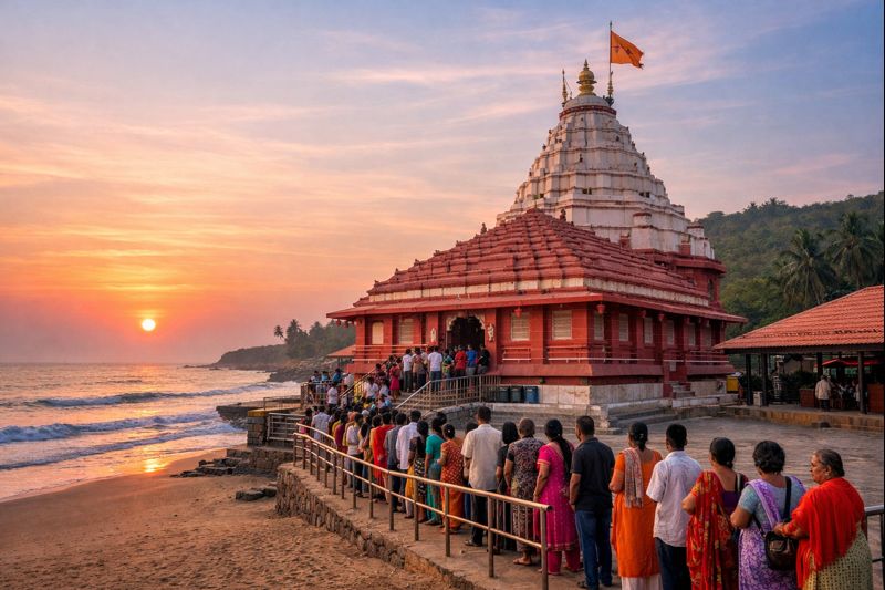Ganpatipule Temple Darshan view with devotees by the sea