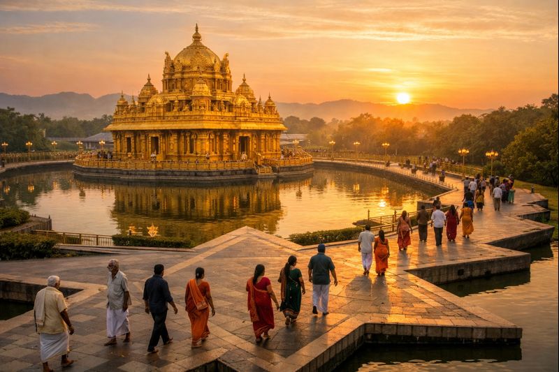 Golden Temple Vellore Darshan at sunrise with pilgrims and star-shaped path.