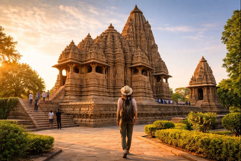 Kandariya Mahadeva Temple darshan with ornate carvings at sunrise