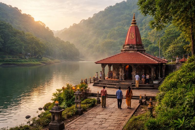 Pisharnath Mahadev Mandir Darshan scenic view with lake and hills