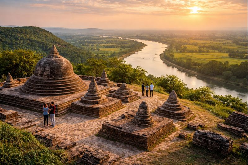 Salihundam Visiting ancient Buddhist site with stupas and river view