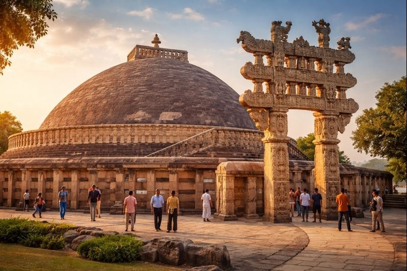 Sanchi Stupa Madhya Pradesh ancient Buddhist monument with visitors