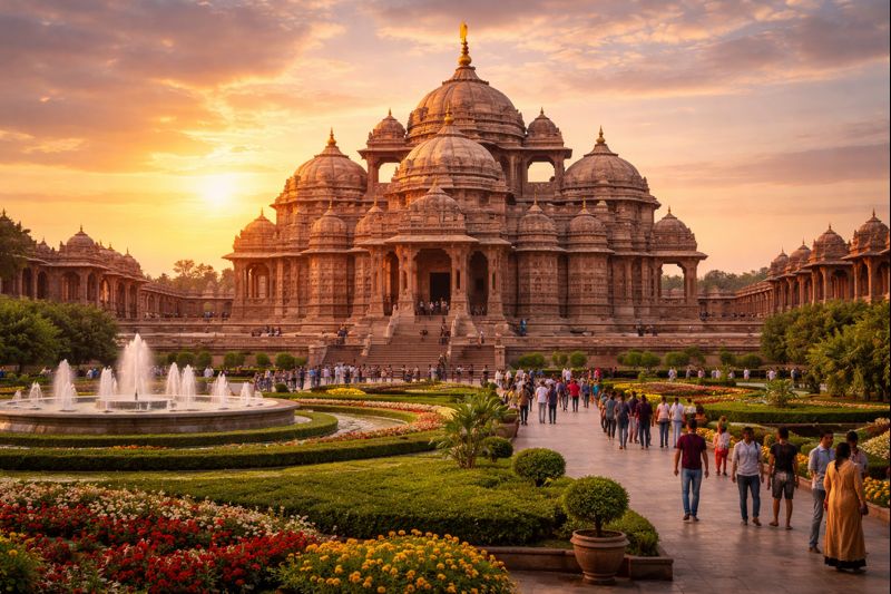Akshardham Temple Gandhinagar Darshan exterior view at sunset