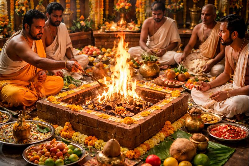 Ayush Homam Procedure Pooja ritual with fire and offerings