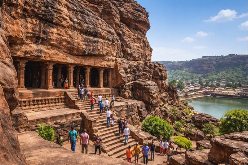 Badami Cave Temples Visiting with red sandstone carvings and steps.