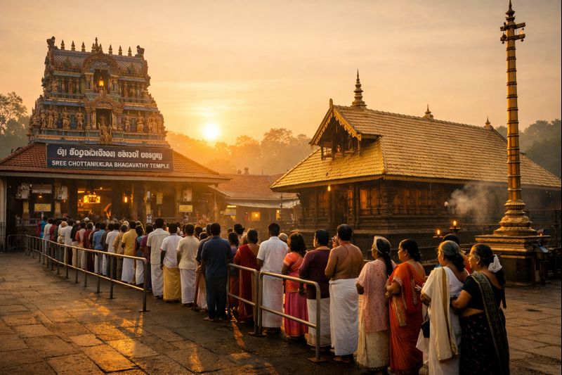 Chottanikkara Temple Darshan Timings view with devotees at sunrise