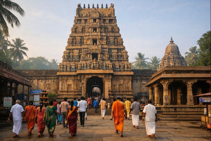 Draksharamam Temple Darshan with historic gopuram and devotees