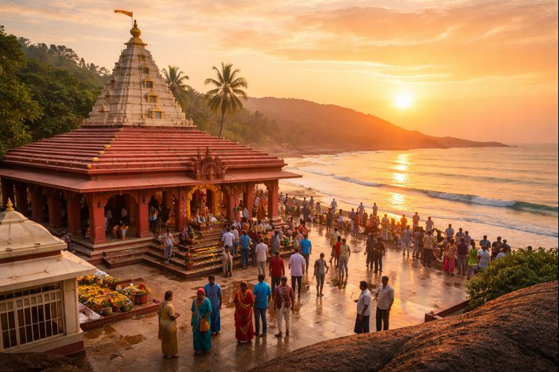 Ganpatipule Temple Ratnagiri Pooja scene at sunrise