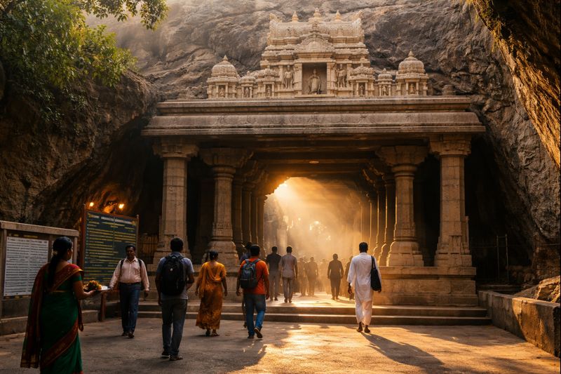 Gavi Gangadhareshwara Temple Darshan cave entrance with devotees